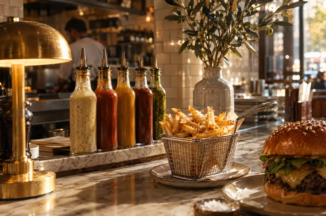 House sauces, fries and a burger on the marble counter