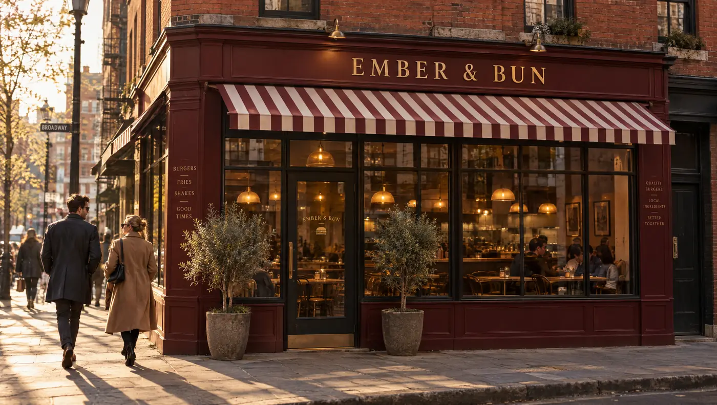 The oxblood Ember & Bun facade on Mercer Lane