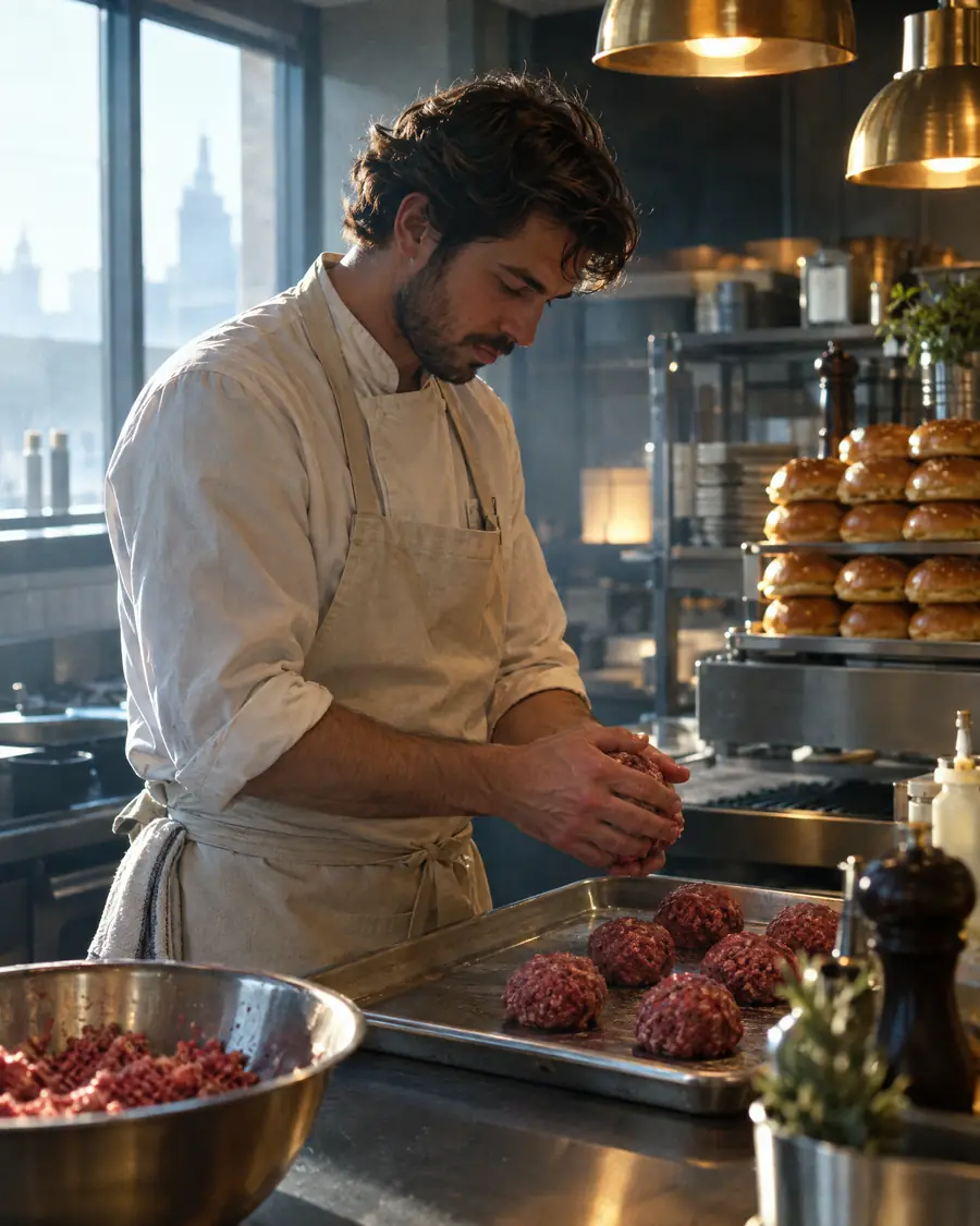 Chef forming fresh beef balls in the morning