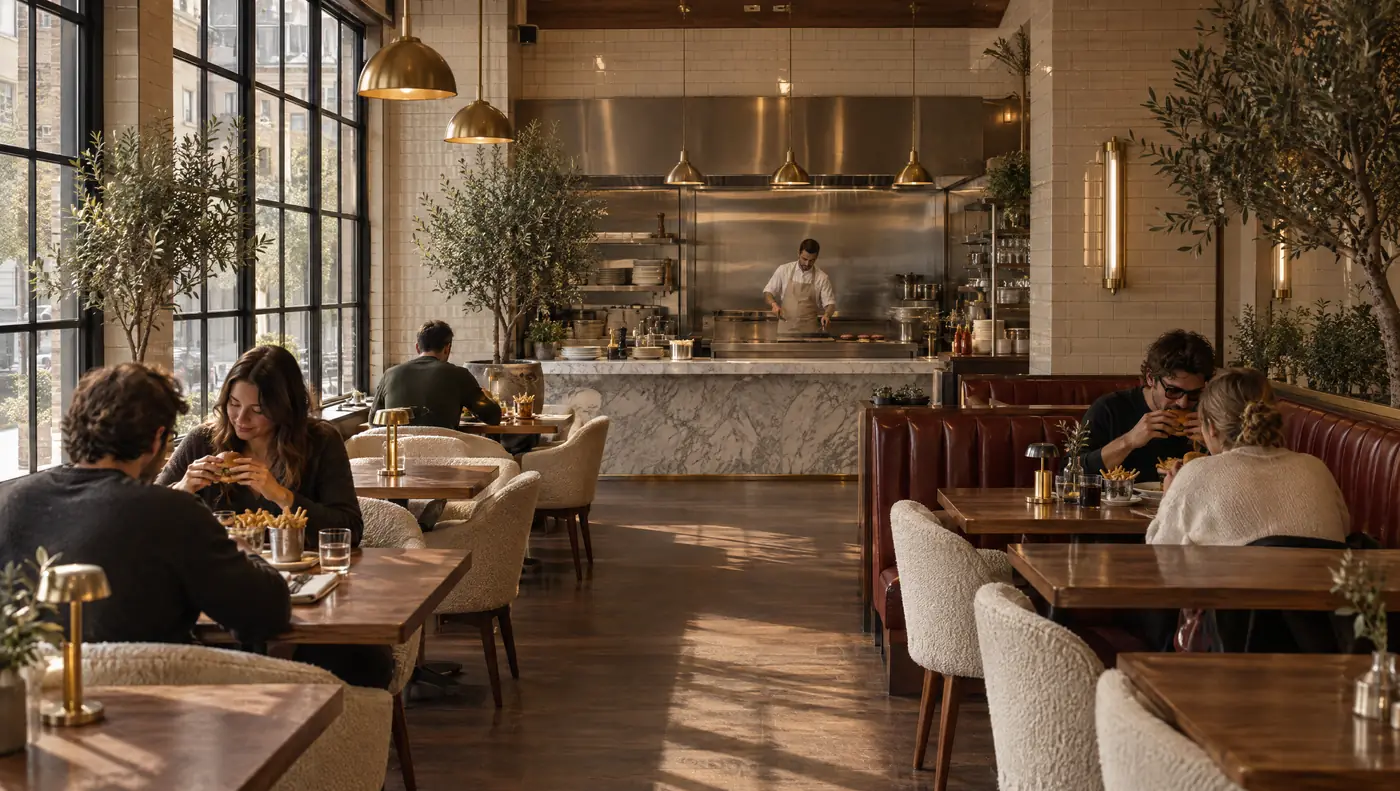 Sunlit dining room with walnut tables and brass lamps