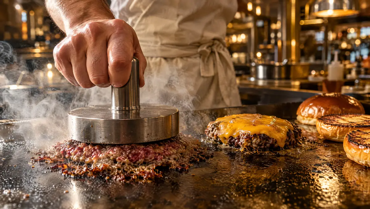 Patty being smashed on the griddle